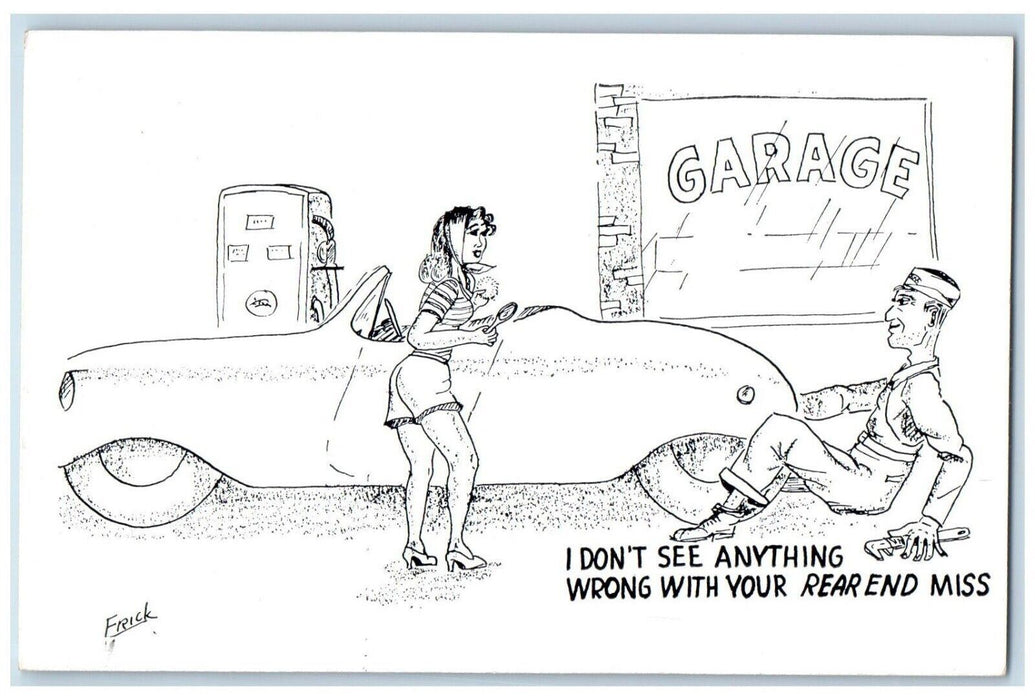 Girl Car Gas Station Risque Garage Comic Humor Unposted Vintage Postcard