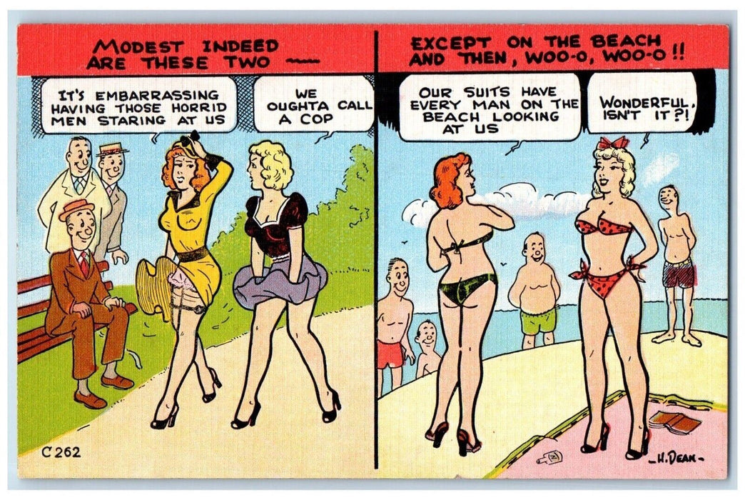 c1930's Girl Swimsuit Beach Comic Humor H. Dean Unposted Vintage Postcard