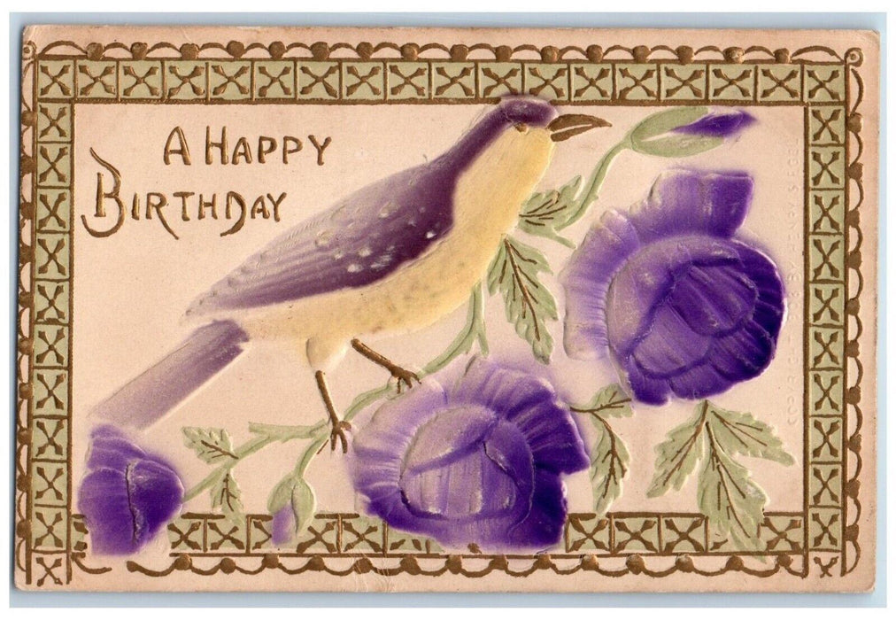 1909 Happy Birthday Pigeon Purple Flowers Airbrushed Embossed Antique Postcard