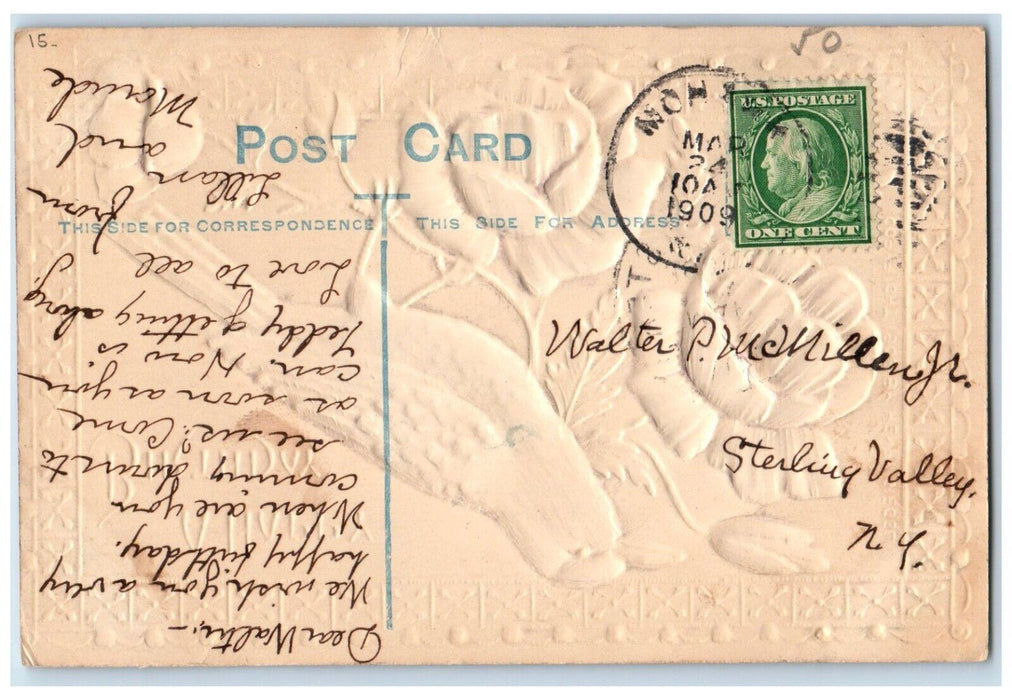 1909 Happy Birthday Pigeon Purple Flowers Airbrushed Embossed Antique Postcard