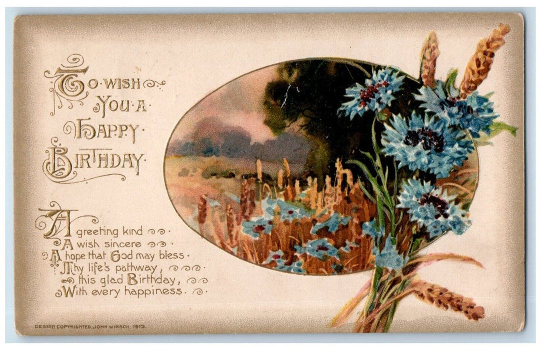 1916 Birthday Greetings Wheat Flowers John Winsch Artist Signed Antique Postcard