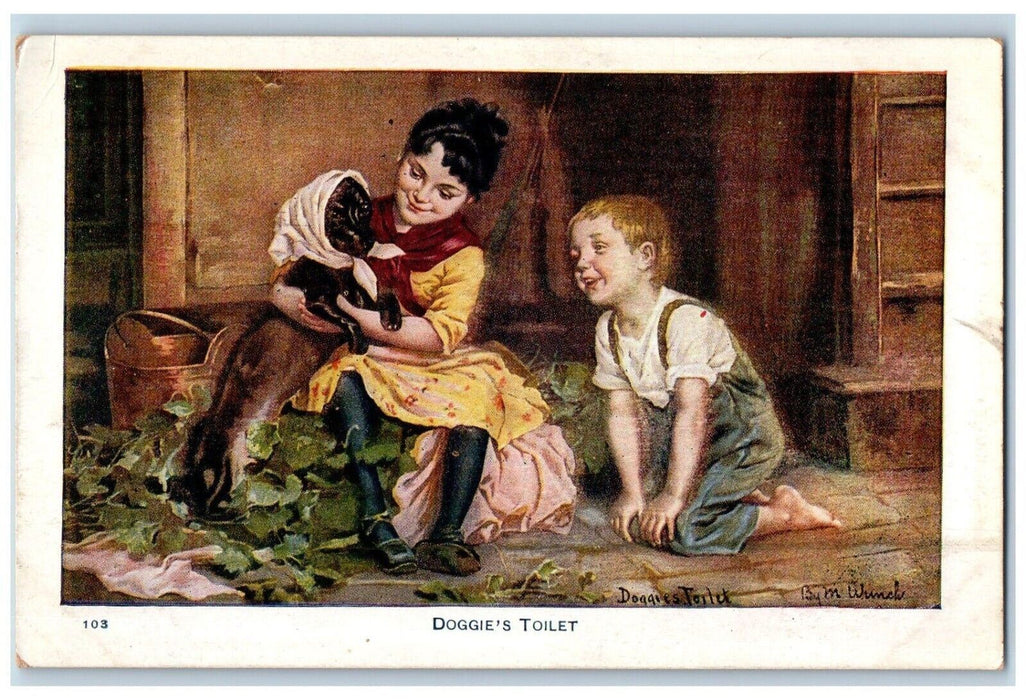 c1910's Mother And Son Doggie's Toilet Art Unposted Antique Postcard