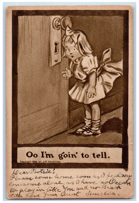 1909 Little Girl Knocking Door I'm Goin To Tell Tattletale Antique Postcard