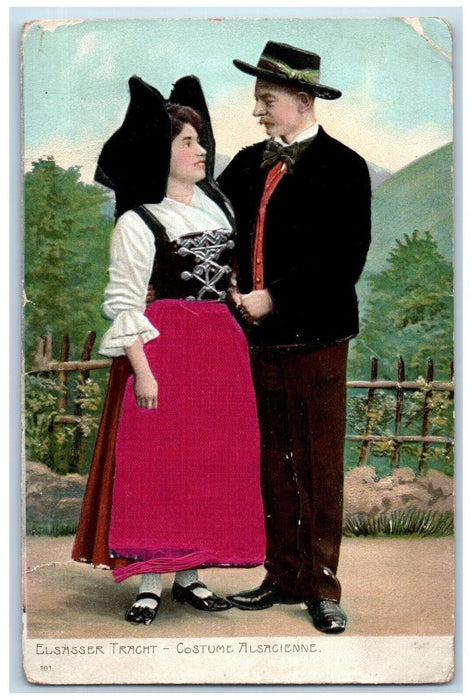 c1905 Couple Elsasser Tracht Costume Alsacienne Silk Embossed Antique Postcard