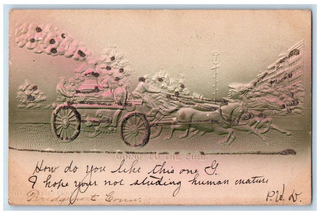1906 Firefighter Horse Wagon Going To The Fire Glitter Embossed Antique Postcard