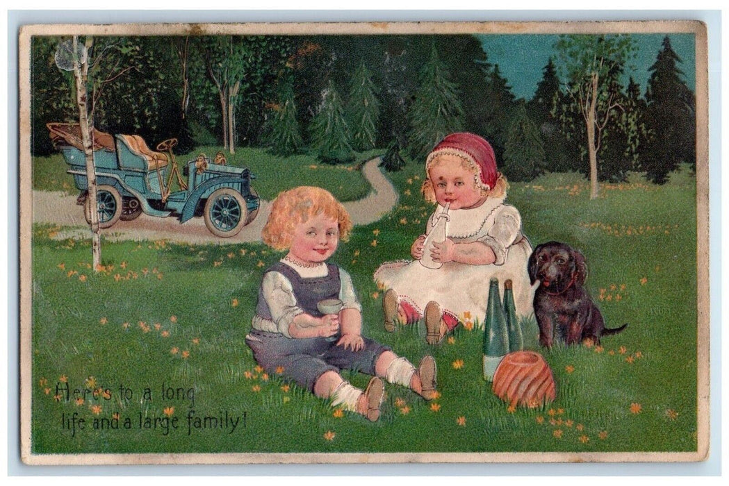 c1910's Dachshund Dog Little Girls Car Pine Trees Embossed Antique Postcard