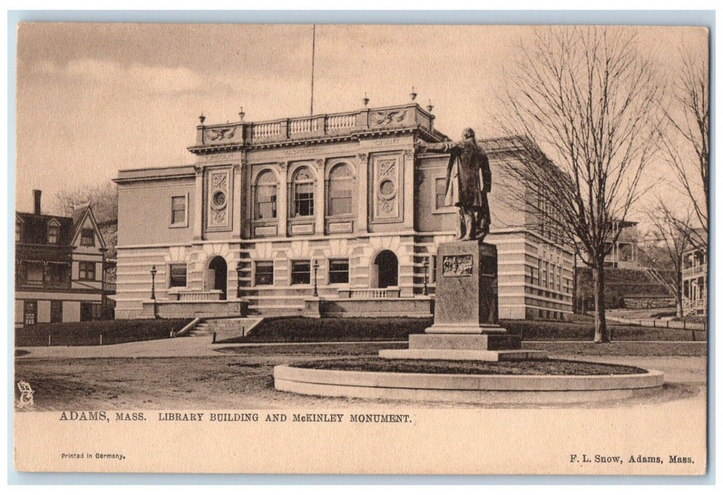 c1905 Library Building McKinley Monument Adams Massachusetts MA Vintage Postcard
