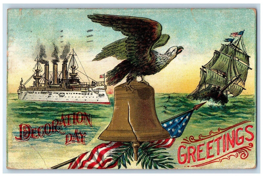 1909 Decoration Day Greetings Eagle Steamer Ship Boat Embossed Antique Postcard
