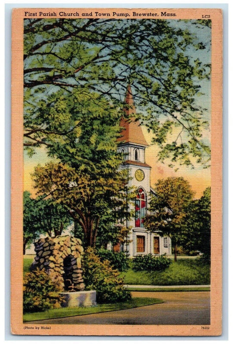 1955 First Parish Church Town pump Brewster Massachusetts Mass Vintage Postcard