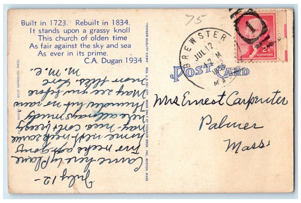 1955 First Parish Church Town pump Brewster Massachusetts Mass Vintage Postcard