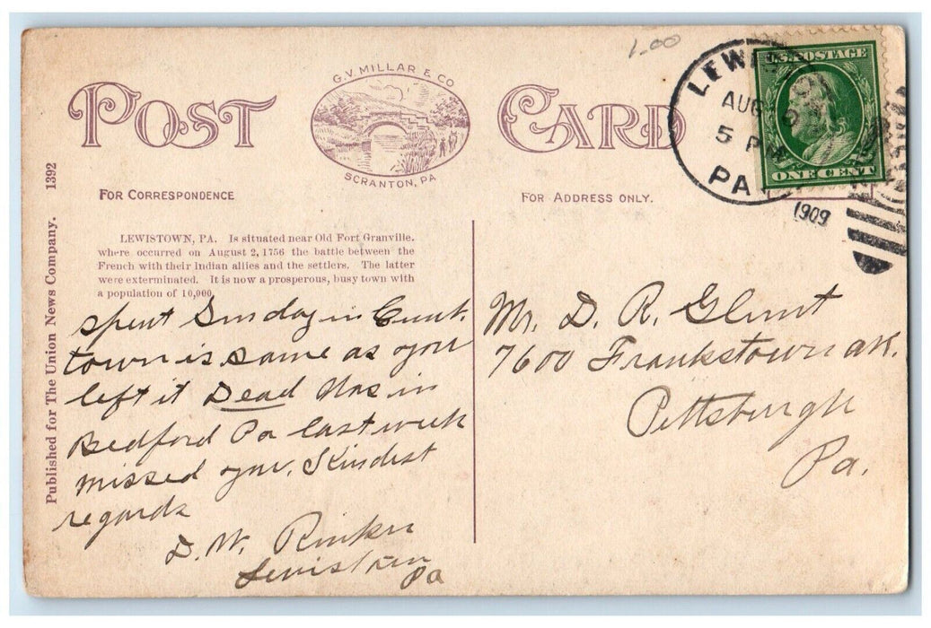 1909 The Court House And Monument Lewiston Pennsylvania PA Antique Postcard