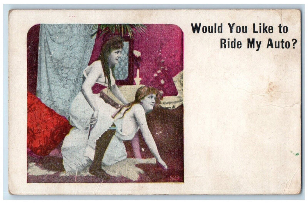 c1905 Would You Like To Ride My Auto Risque Comic Humor Antique Postcard