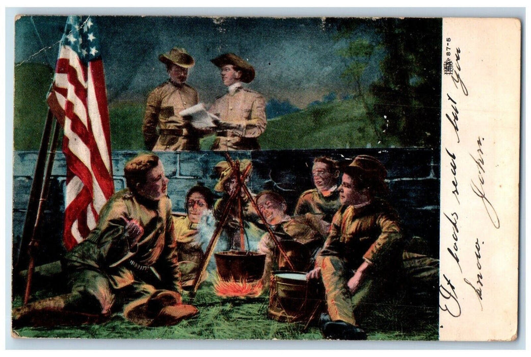 1907 Military Soldiers Fire Camping Patriotic Harpers Ferry WV Antique Postcard