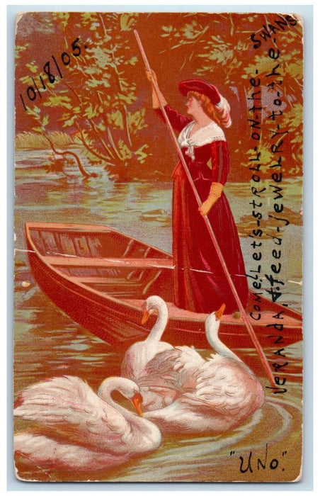 1905 Girl Boat Swans At River Reading Pennsylvania PA Posted Antique Postcard