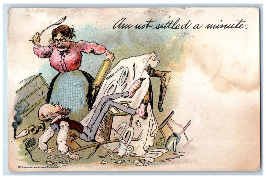 1905 Write Away Marriage Angry Wife Broken Plates Humor Posted Antique Postcard