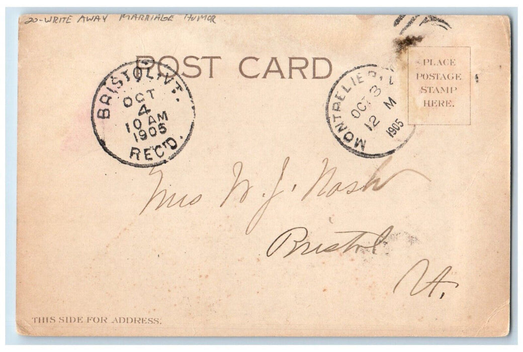 1905 Write Away Marriage Angry Wife Broken Plates Humor Posted Antique Postcard
