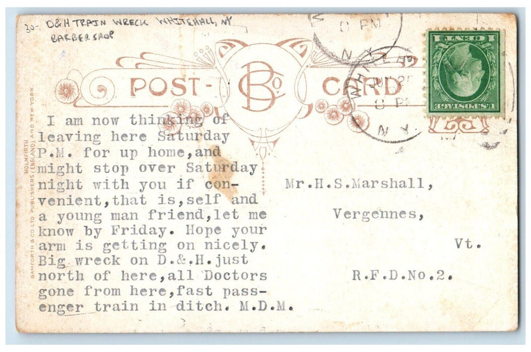 D & H Train Wreck Barbershop Dog Whitehall New York NY Bamforth Posted Postcard