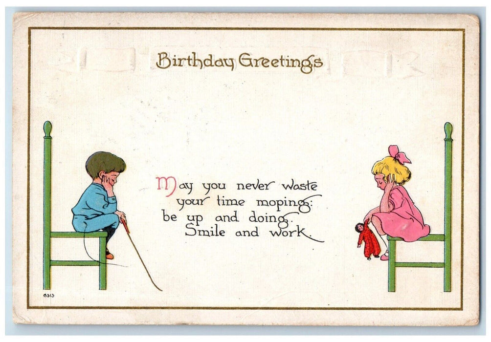 1914 Birthday Greetings Boy Girl Doll Embossed Whitehall NY Antique Postcard