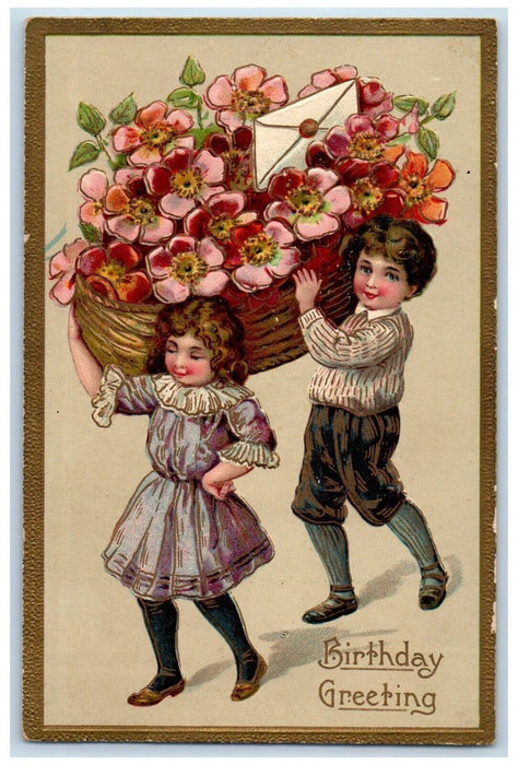 c1910's Birthday Greetings Pansies Flowers Letter In Basket Antique Postcard