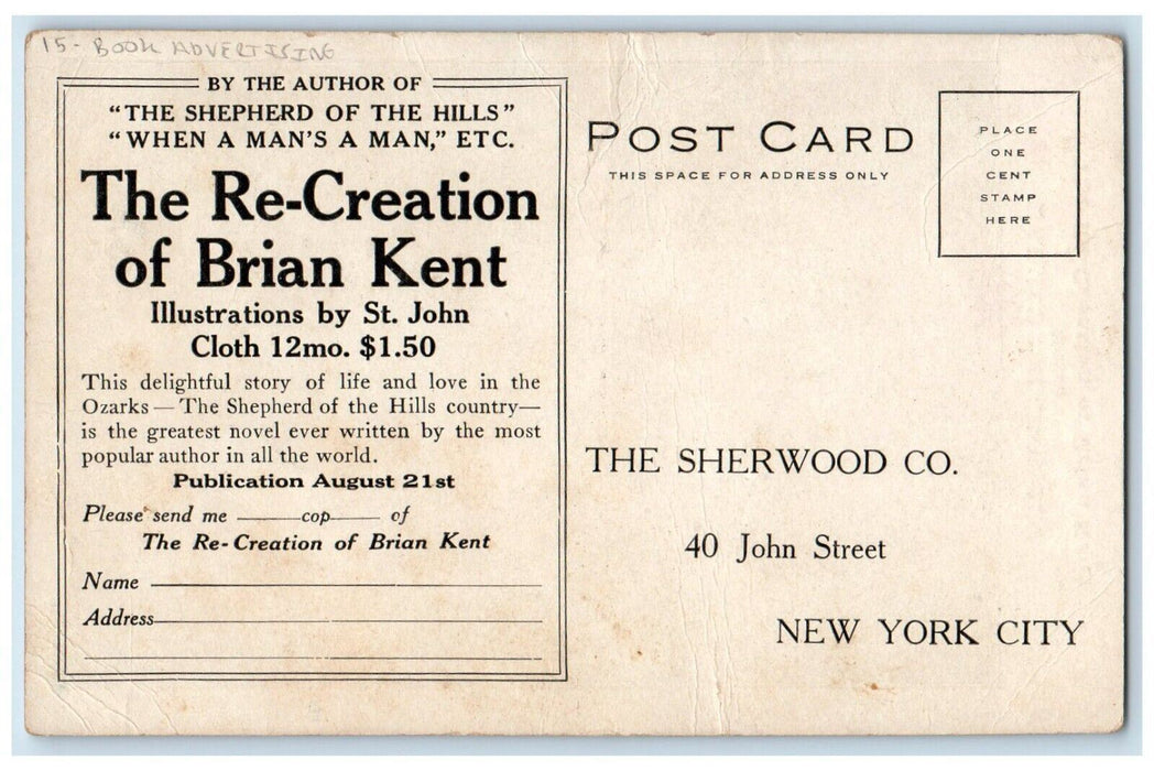 Harold Bell Wright Re-Creation Of Briant Kent Author Book Advertising Postcard