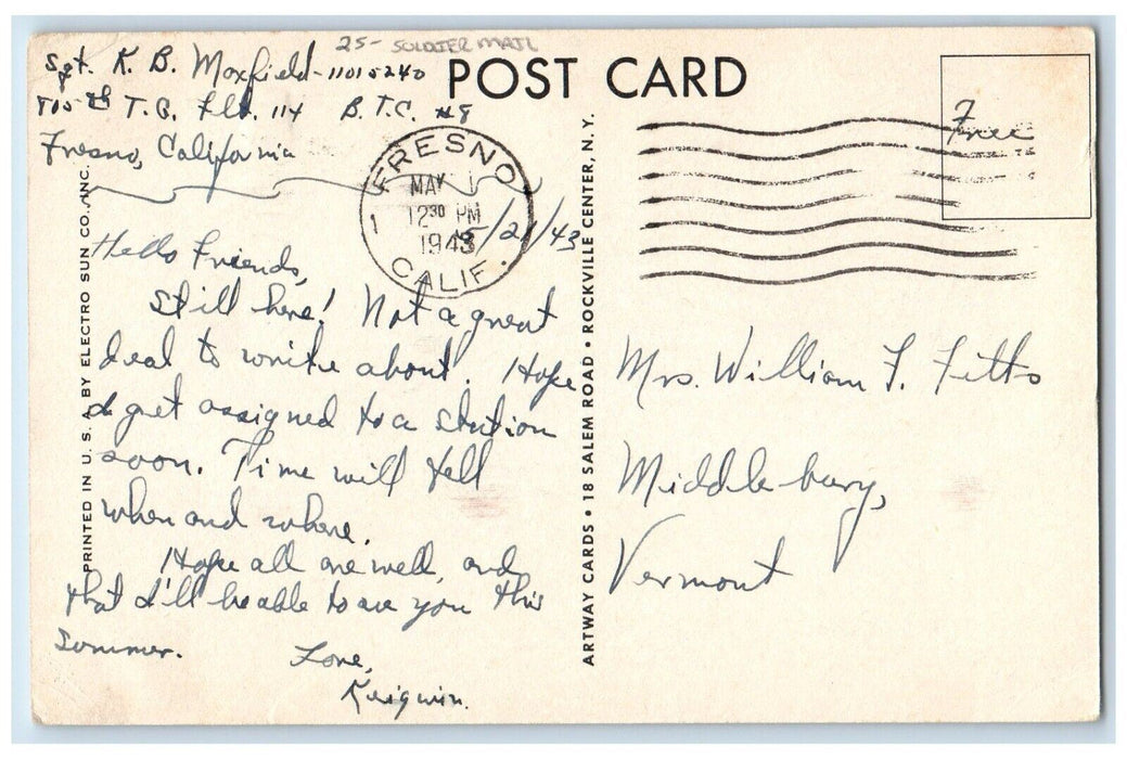 1943 Scout Car Rather Loosefitting Soldier Military Mail Fresno CA Postcard