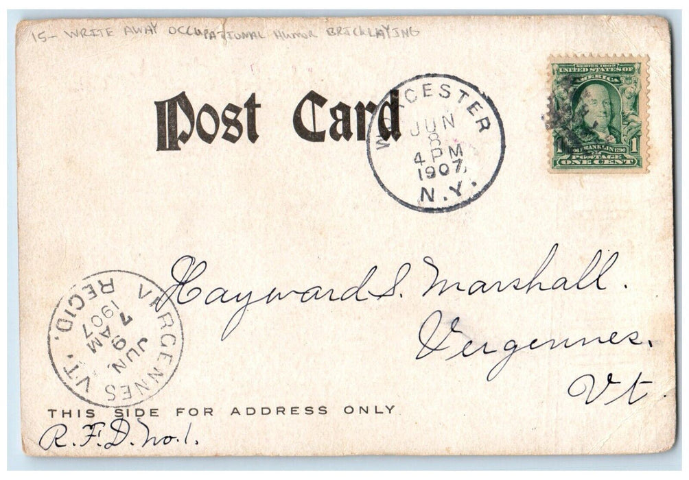 1907 Write Away Occupational Humor Bricklaying Worcester NY Antique Postcard