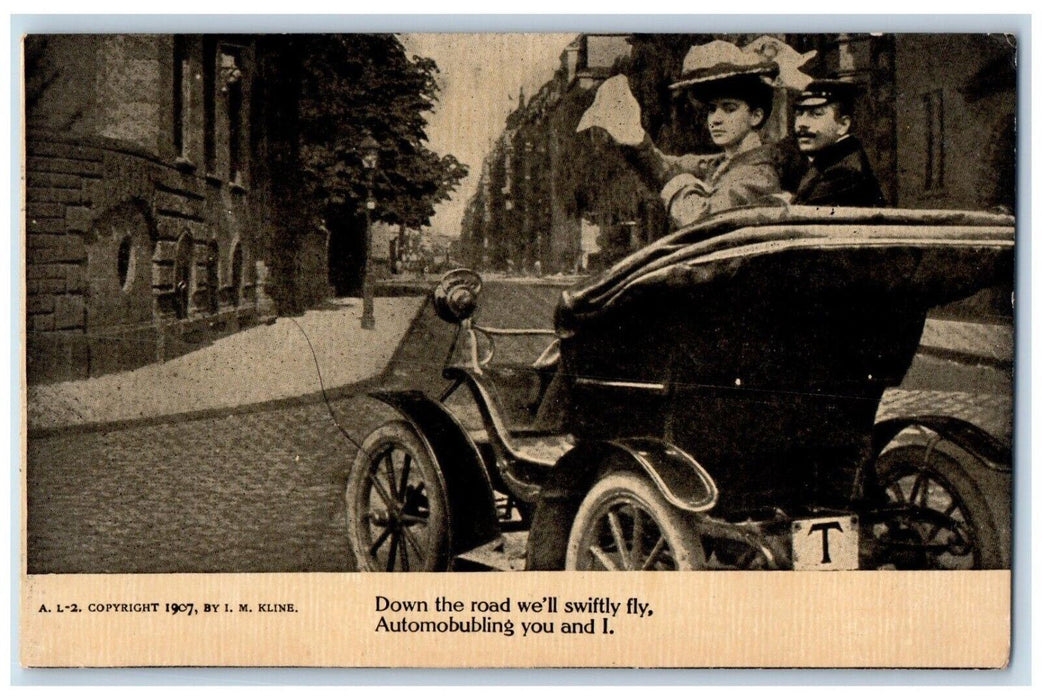 1907 Couple Romance Riding Automobile Down The Road Woonsocket RI Postcard