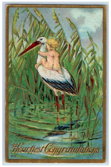 1909 Heartiest Congratulations Stock Baby At The Back Embossed Antique Postcard