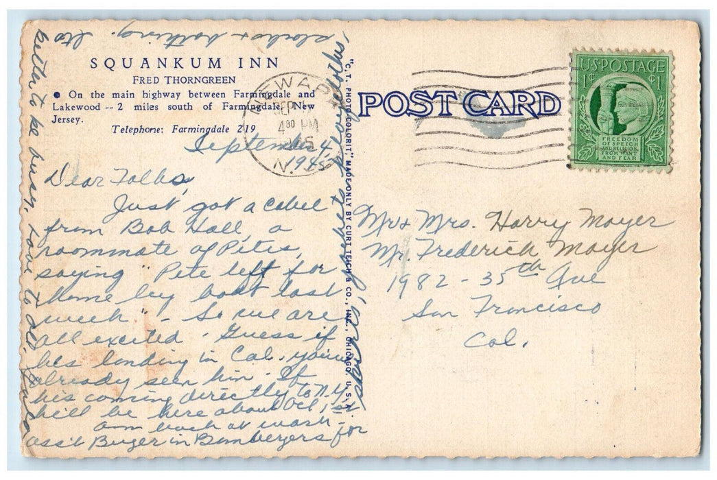 1945 Squankum Inn On Main Highway Farmingdale New Jersey NJ Vintage Postcard