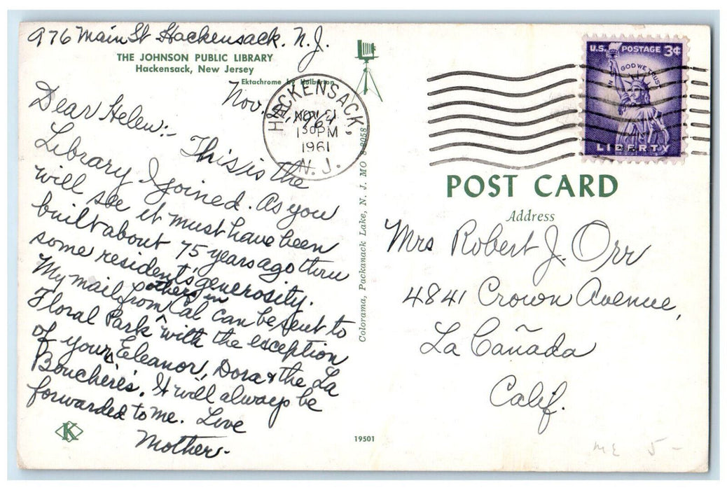 1961 The Johnson Public Library Hackensack New Jersey NJ Vintage Posted Postcard