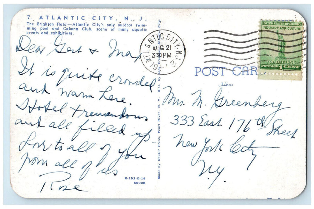 1951 The Brighton Hotel Atlantic City New Jersey NJ Vintage Posted Postcard