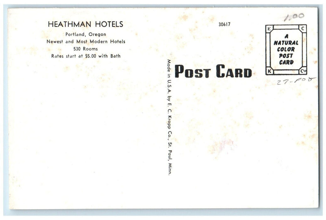 View Of New Heathman Hotel Building Exterior Scene Portland Oregon OR Postcard