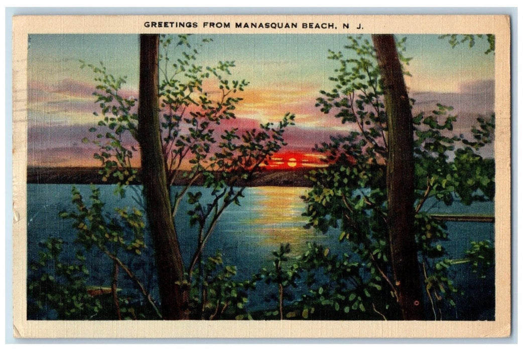 1941 Greetings From Manasquan Beach Sunset New Jersey Vintage Antique Postcard