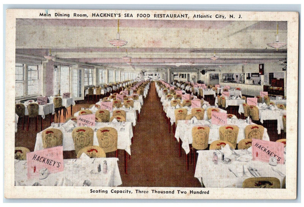 c1940's Main Dining Room Hackney's Sea Food Restaurant Atlantic City NJ Postcard
