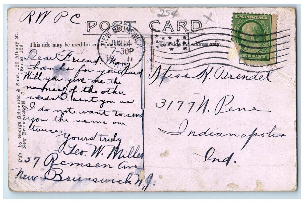 1911 High School Library Post Office New Brunswick New Jersey NJ Postcard