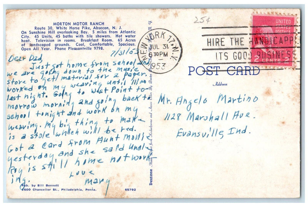 1953 Morton Motor Ranch White Horse Pike Absecon New Jersey NJ Postcard