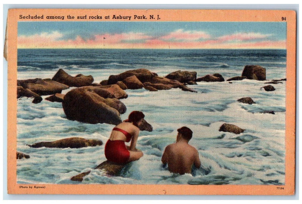 1955 Secluded Among The Surf Rocks at Asbury Park New Jersey NJ Vintage Postcard