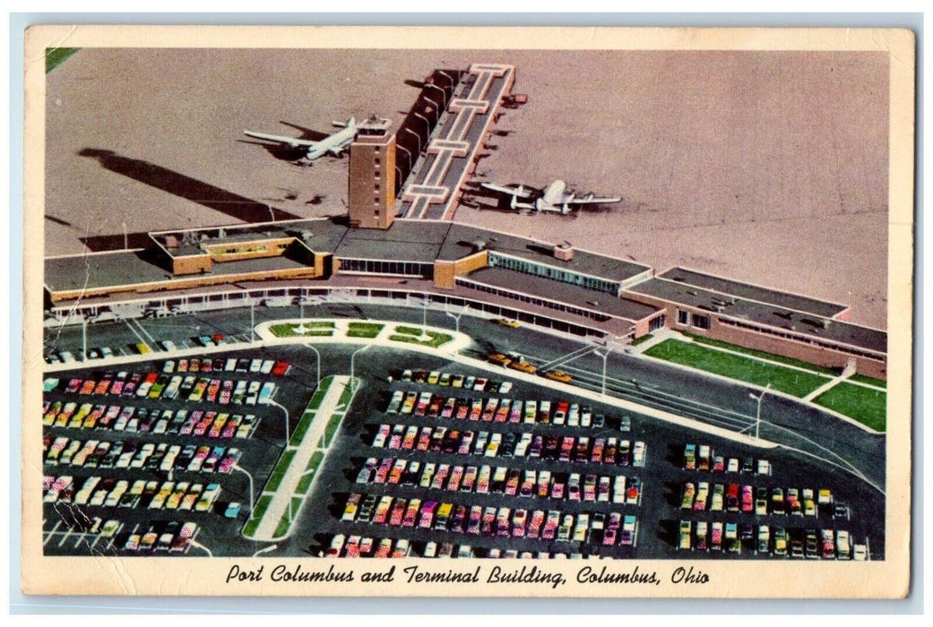 Port Columbus And Terminal Building Cars Airplanes Scene Ohio OH Postcard