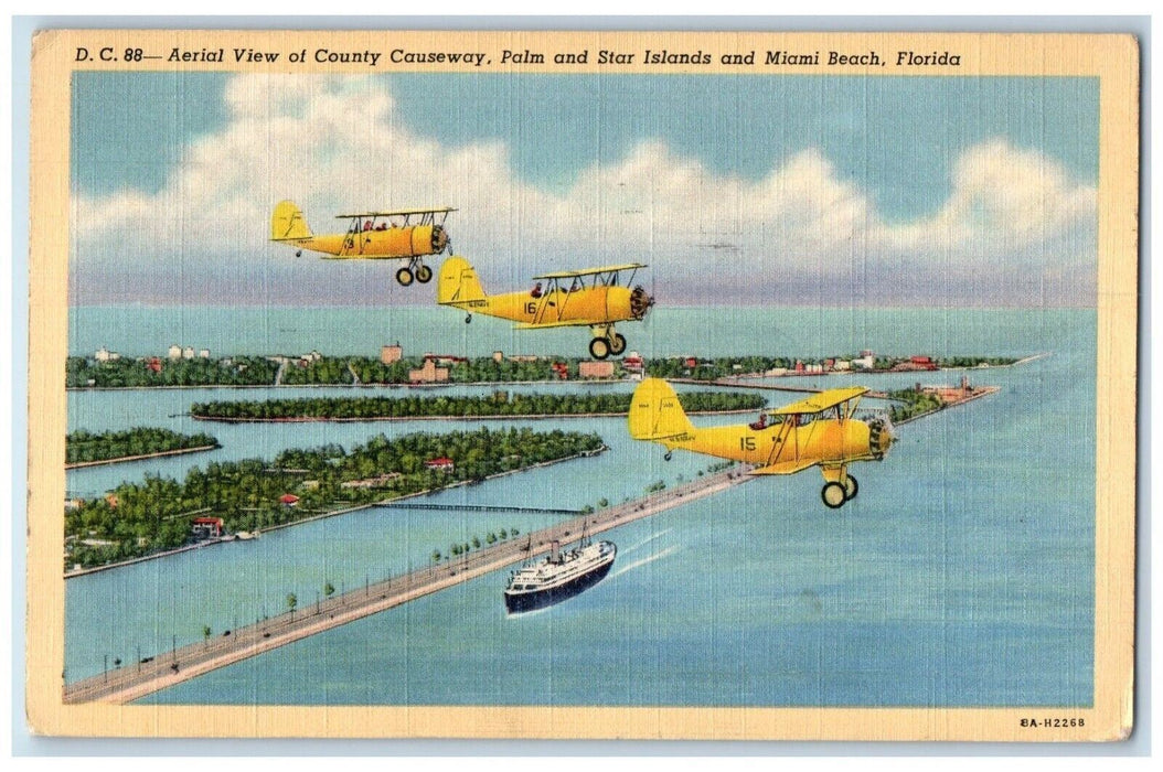 1942 Aerial View Of Country Causeway Palm Star Islands Miami Florida FL Postcard
