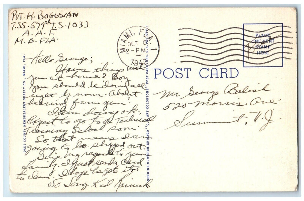 1942 Aerial View Of Country Causeway Palm Star Islands Miami Florida FL Postcard