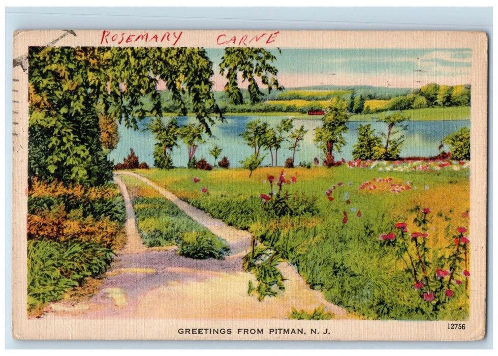 1945 Red Flowers Greetings from Pitman New Jersey NJ Vintage Posted Postcard