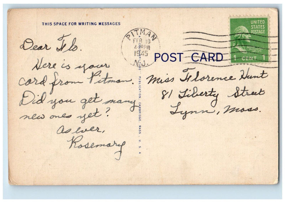 1945 Red Flowers Greetings from Pitman New Jersey NJ Vintage Posted Postcard