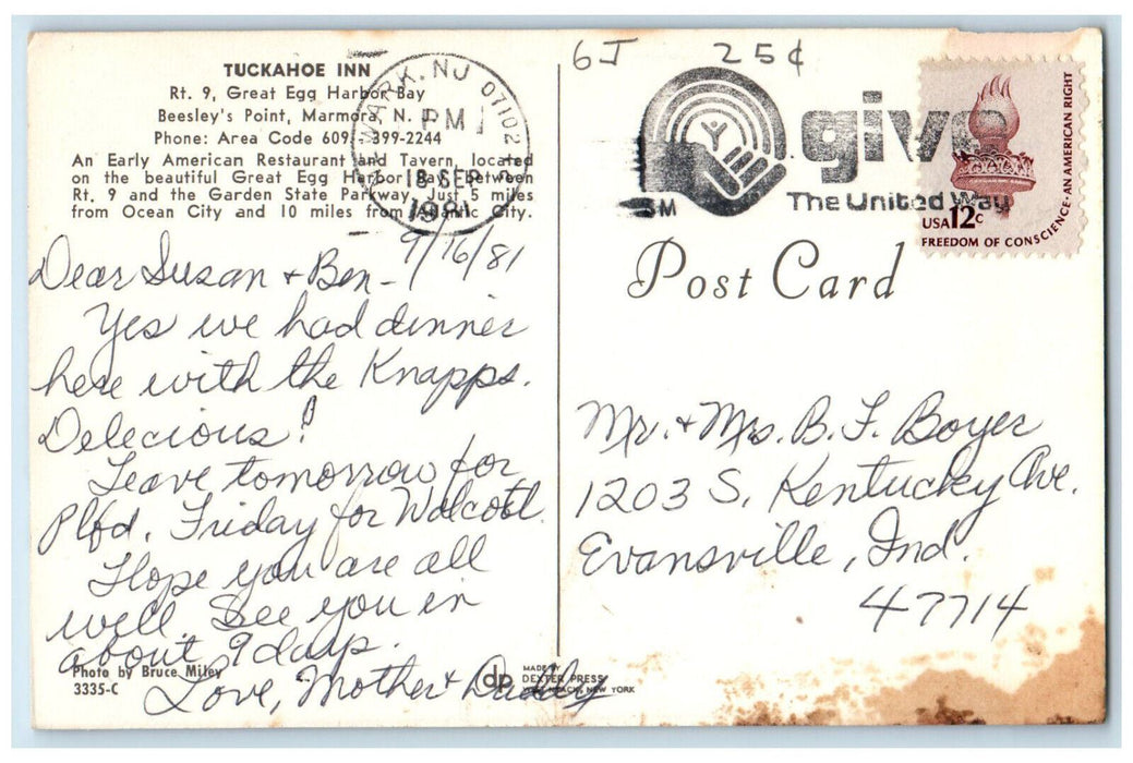 1981 Tuckahoe Great Egg Harbor Bay Beesleys Point Marmora New Jersey NJ Postcard