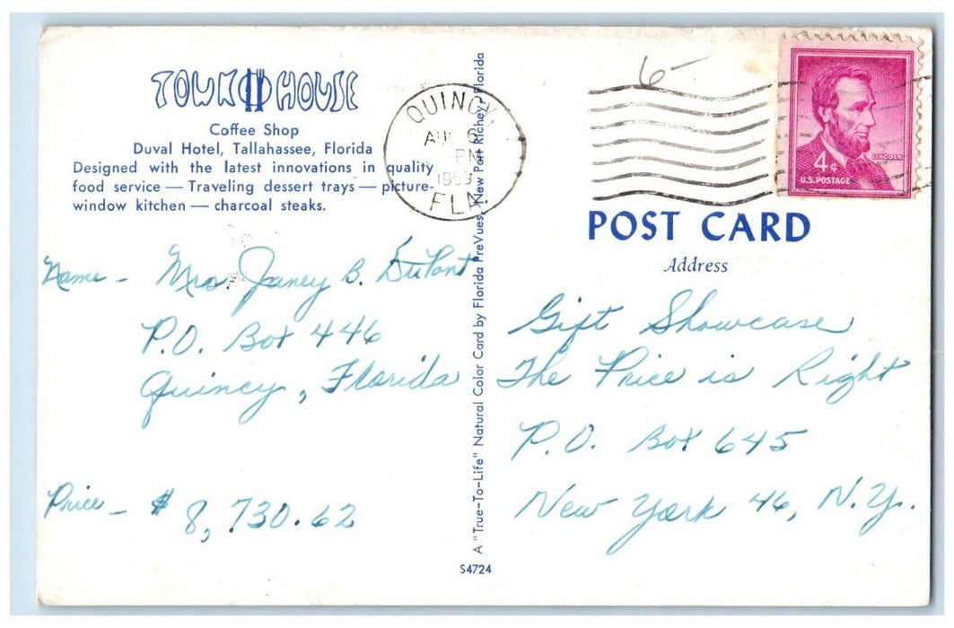 1959 Town House Coffee Shop Restaurant Duval Hotel Tallahassee Florida Postcard