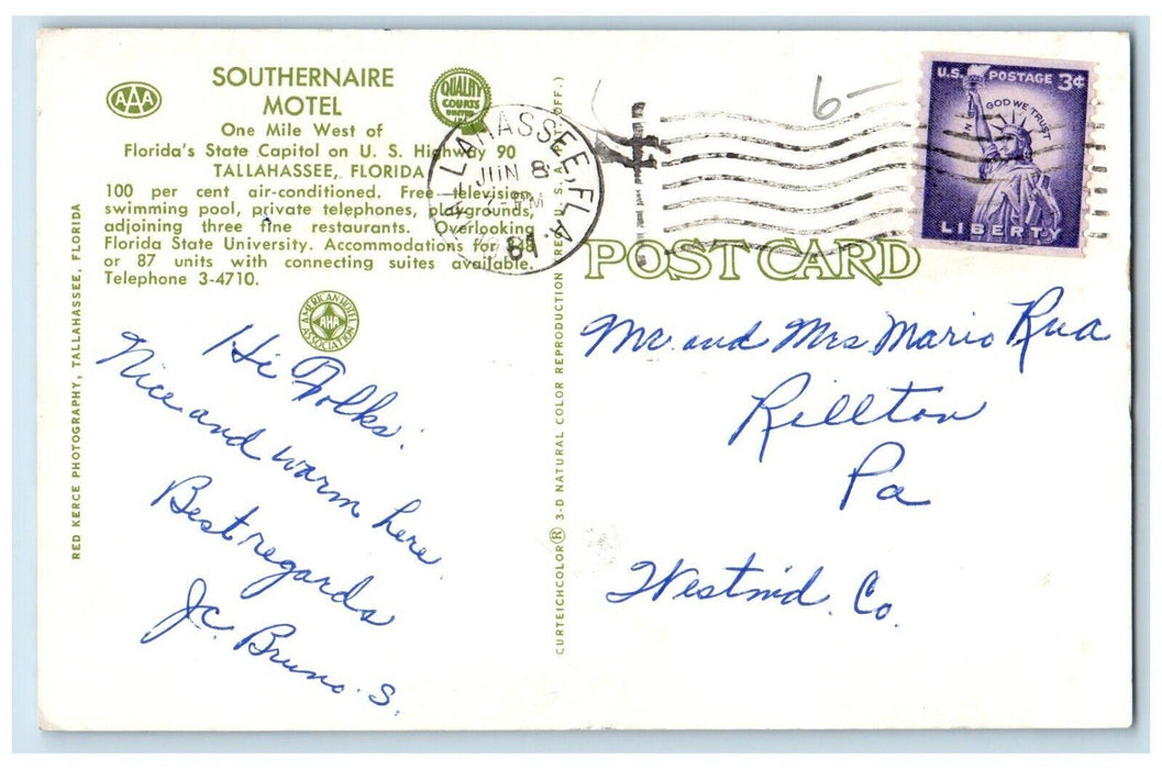 1961 Southernaire Motel Swimming Pool Restaurant Tallahassee Florida FL Postcard