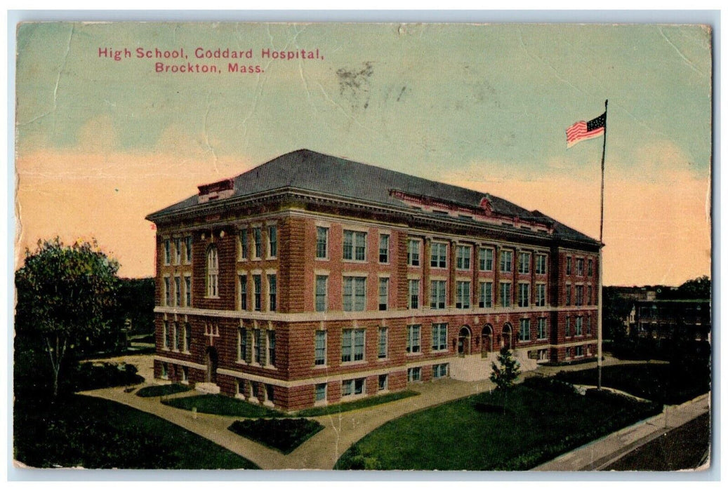 1914 High School Flag Coddard Hospital Brockton Massachusetts Vintage Postcard