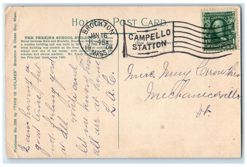 1908 Perkins School Building Brockton Massachusetts MA Vintage Antique Postcard