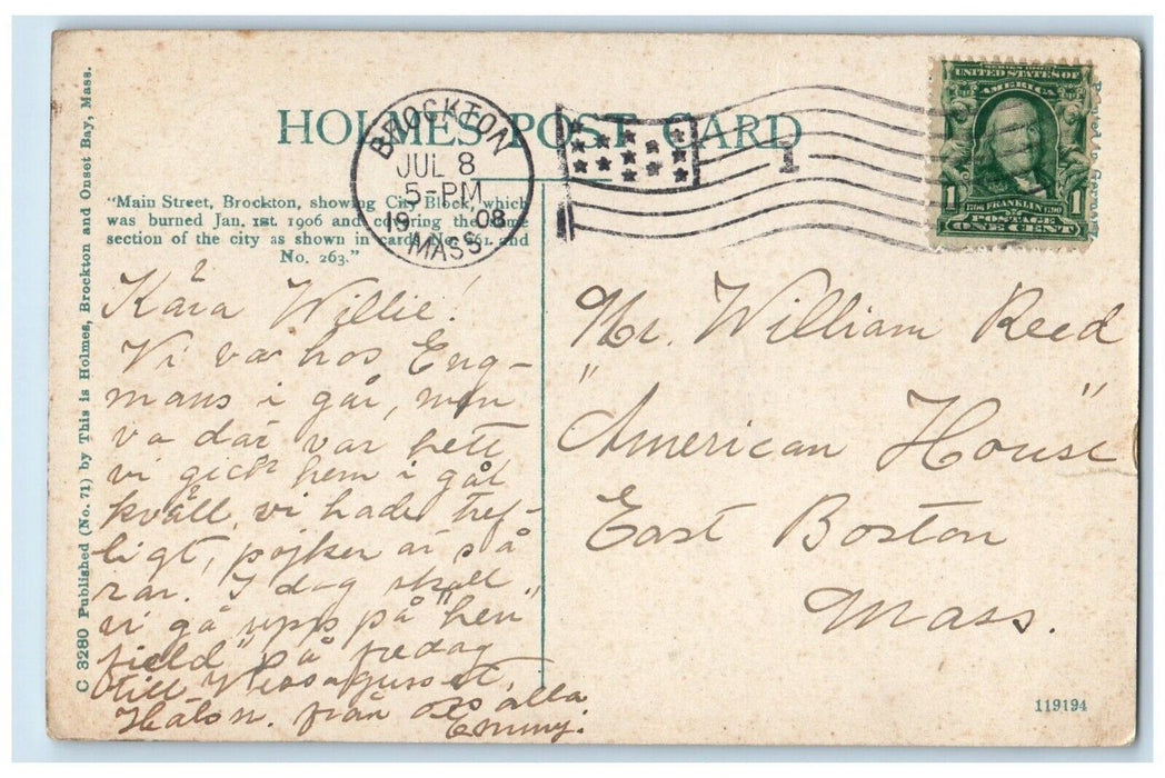 1908 East Side Main Street South Ward Street Road Brock Massachusetts Postcard