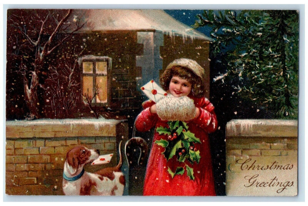 1912 Christmas Greetings Jolly Girl Handwarmer Holly Letter Dog Antique Postcard