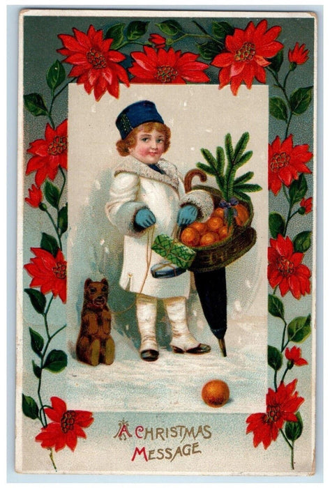 c1910's Christmas Boy Bear Poinsettia Flowers Berries In Basket Antique Postcard